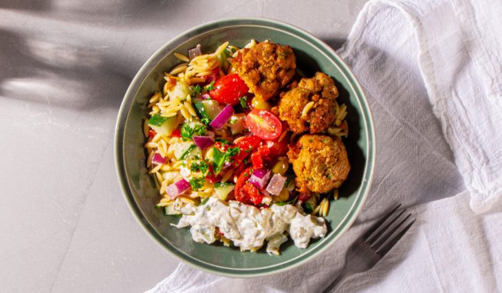Creamy Greek Orzo Pasta Salad with Falafel